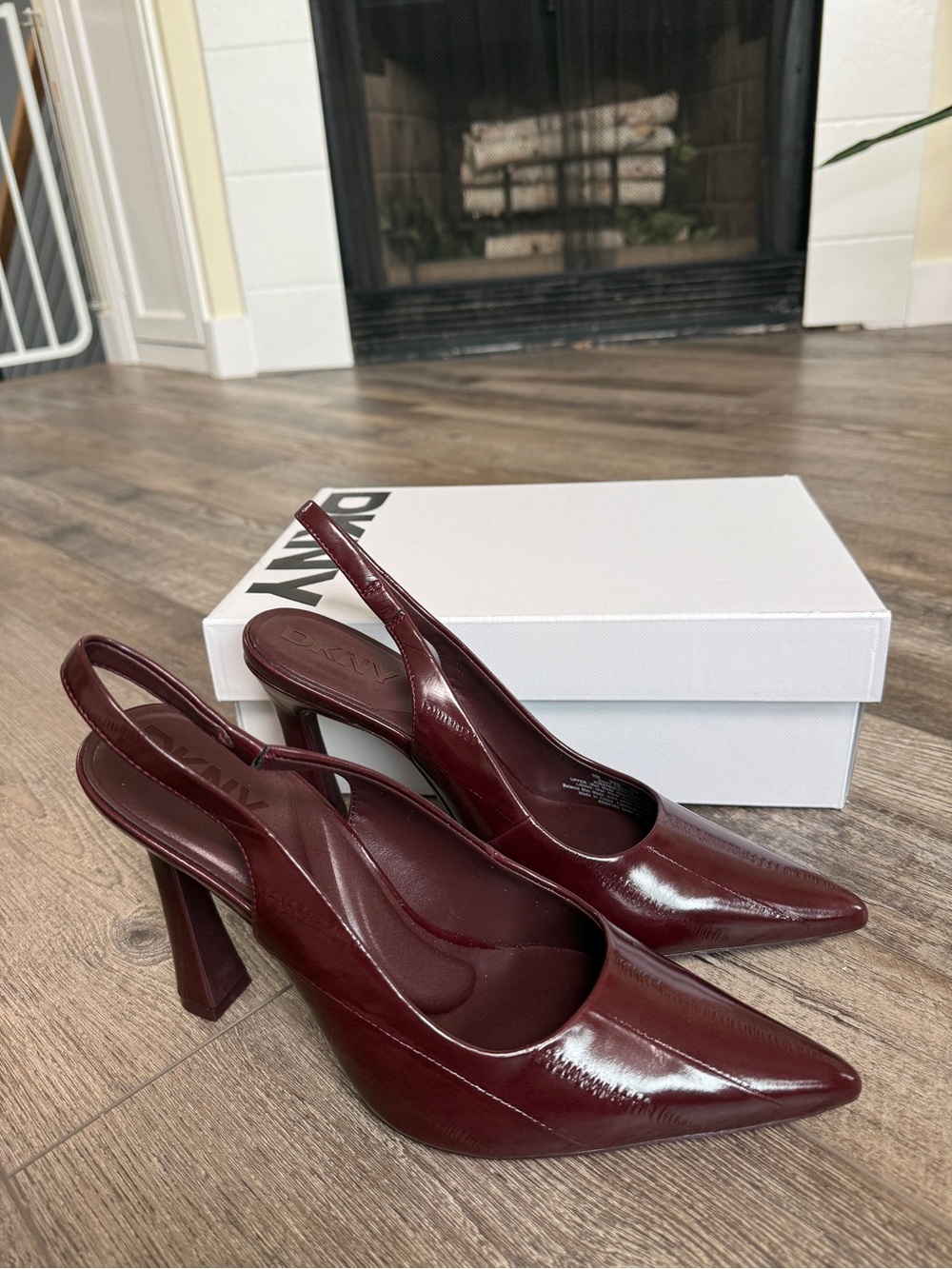 DKNY Patent Slingback Pointed-Toe Heels in Burgundy